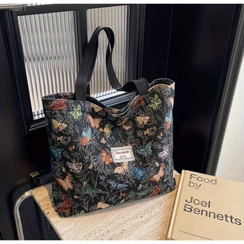 Elegant Butterfly Canvas Bag - Embroidered Shoulder Tote