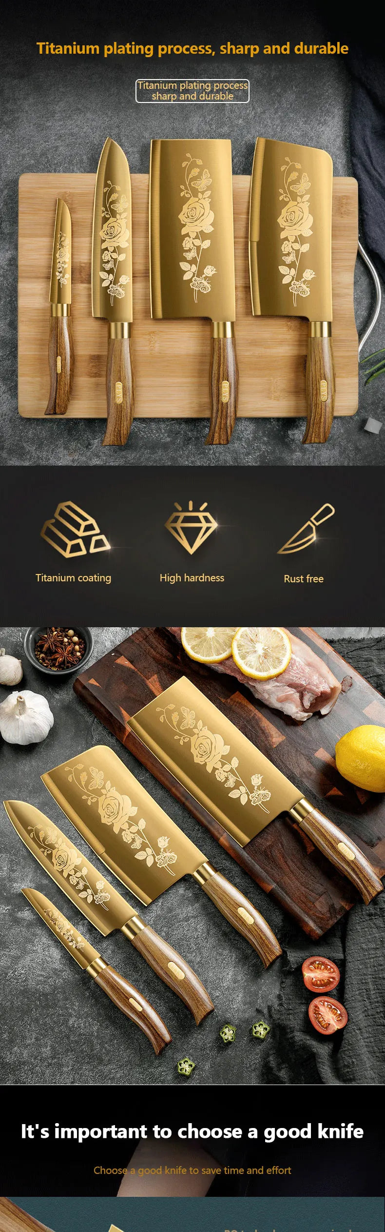 Luxury 4-Piece Chef Knife Set - Golden Rose Pattern Stainless Steel