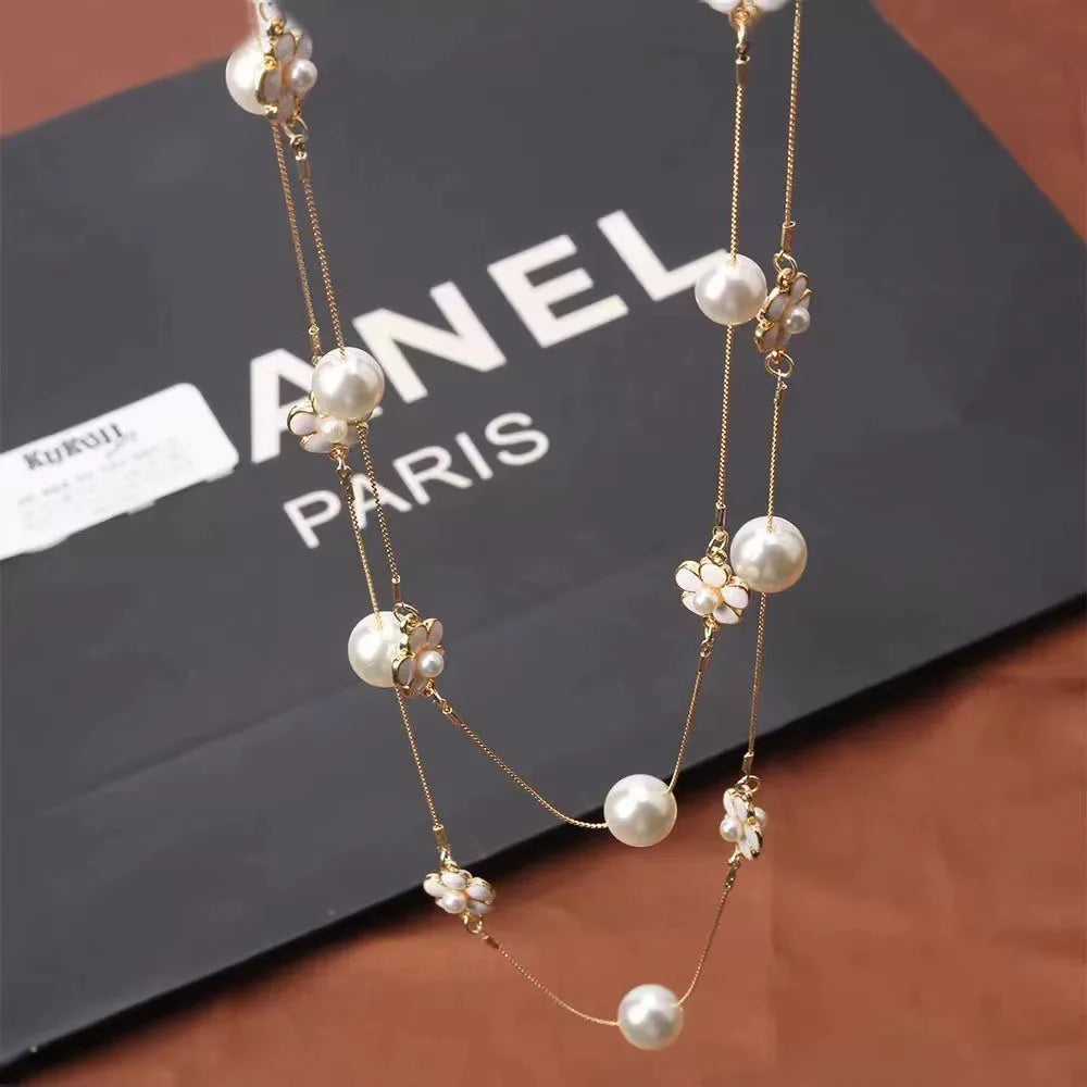 Elegant Long Pearl Necklace - Multilayer Camellia Flower Design