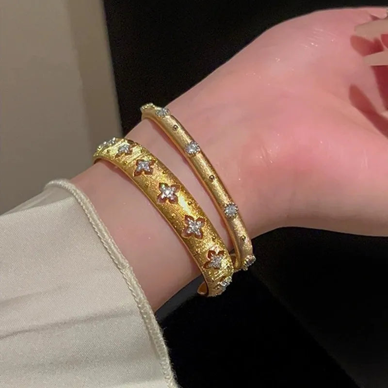 Diamond Brushed Bracelet - Elegant gold-color bangle with sparkling gemstones for women