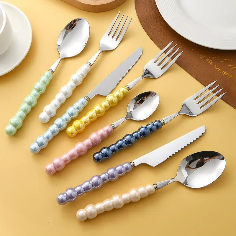Luxury pearl flatware set - white ceramic handle stainless steel spoon and fork