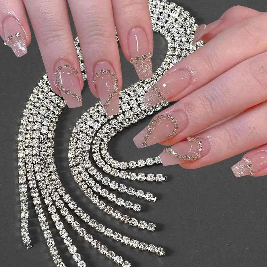 Luxury Sparkling Nail Art Chain - Silver Metal & Diamond Decor