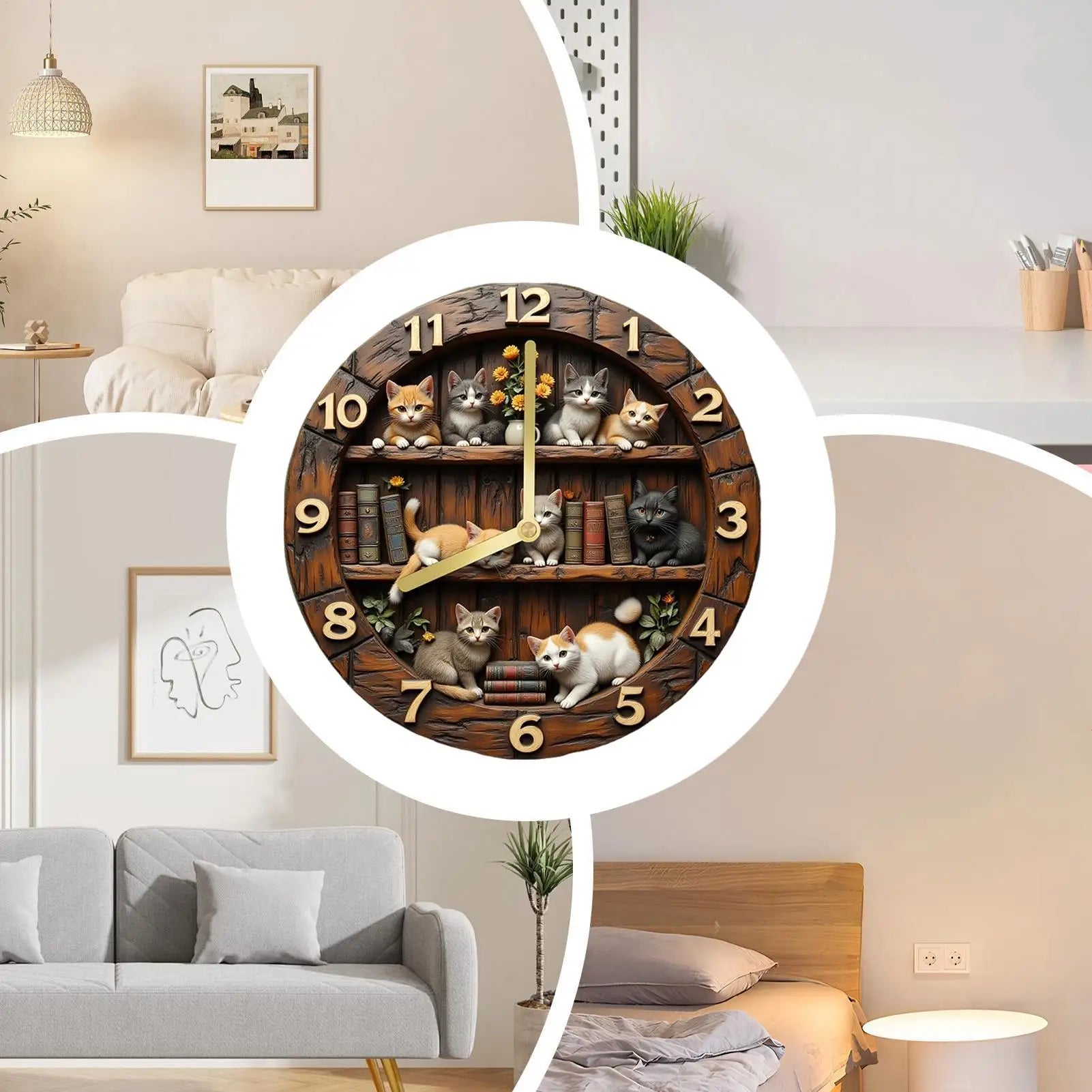 Premium Cat Theme Wall Clock - Silent Wooden Decor