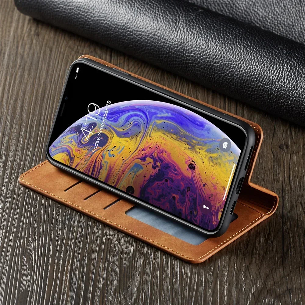 Premium Suede Leather iPhone Wallet Case - Magnetic Flip Cover