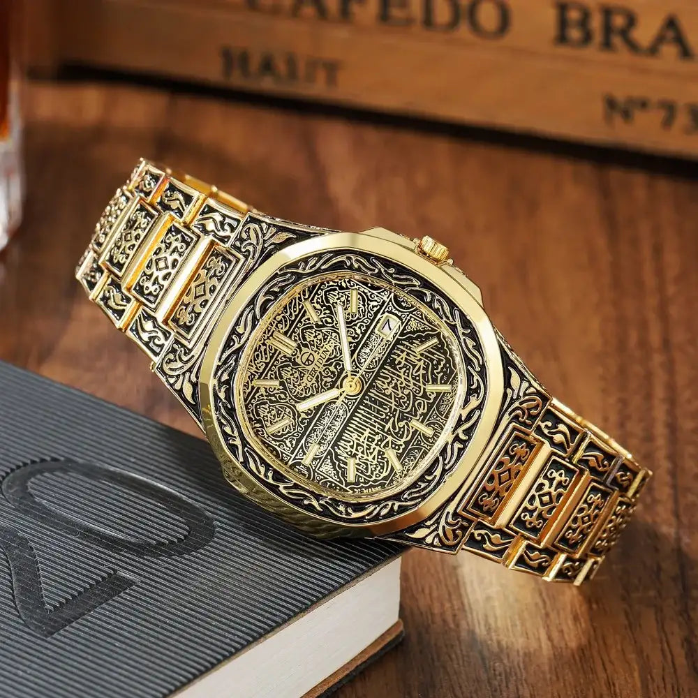 Elegant Men's Quartz Wristwatch - Embossed Stainless Steel