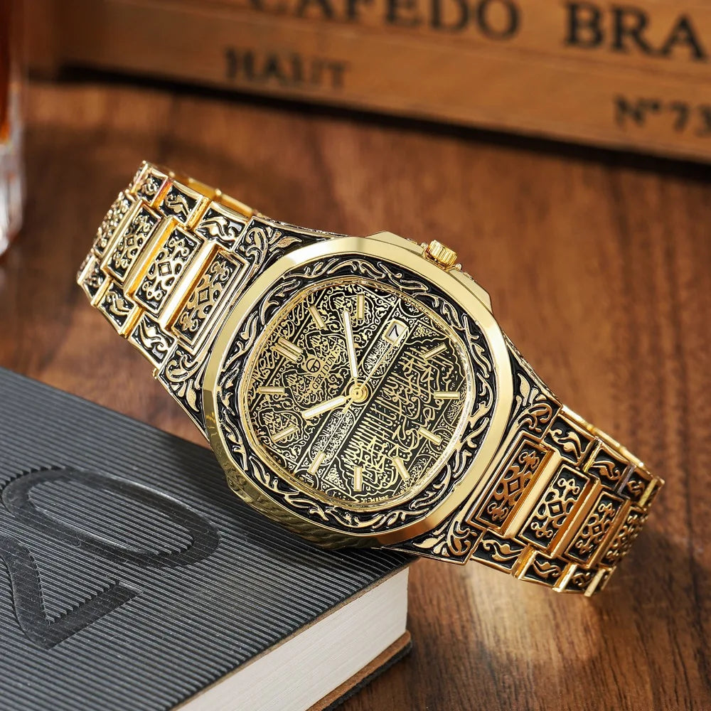 Elegant Men's Quartz Wristwatch - Embossed Stainless Steel