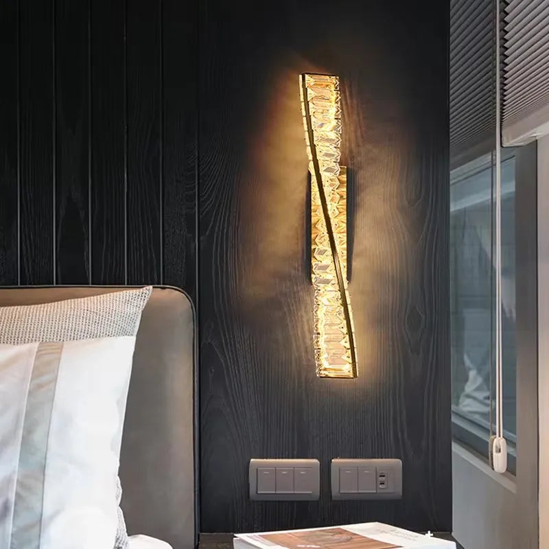 Luxury crystal wall lamp - long strip gold LED sconce mounted on a wall