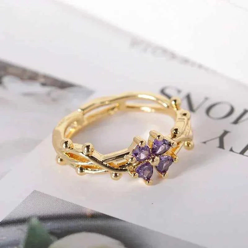 Exquisite Purple Crystal Flower Adjustable Ring - Gold Stainless Steel