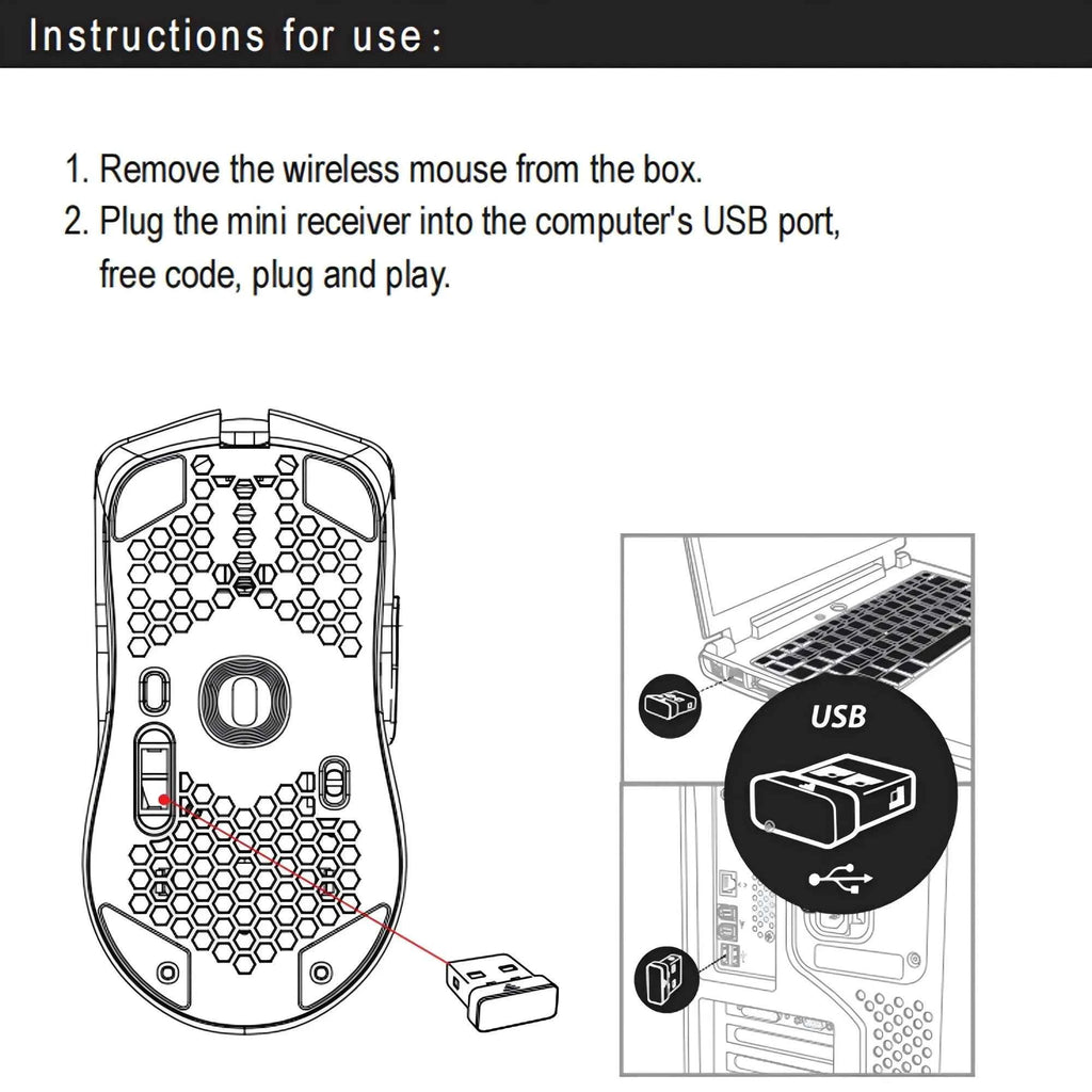 Wireless Mouse 2.4G with Built-in Rechargeable Battery, RGB Lighting, Honeycomb Design, Plug-and-Play USB