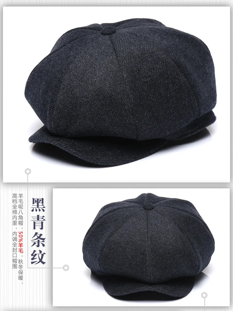 Premium Winter Wool Cap - Thickened Tweed Newsboy Style