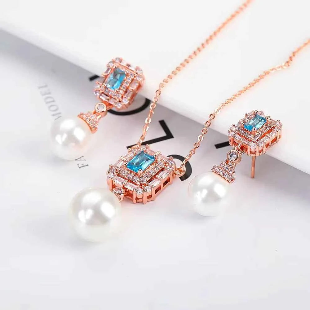 Luxury Pearl Pendant Necklace Earring Set - 18K Gold Plated