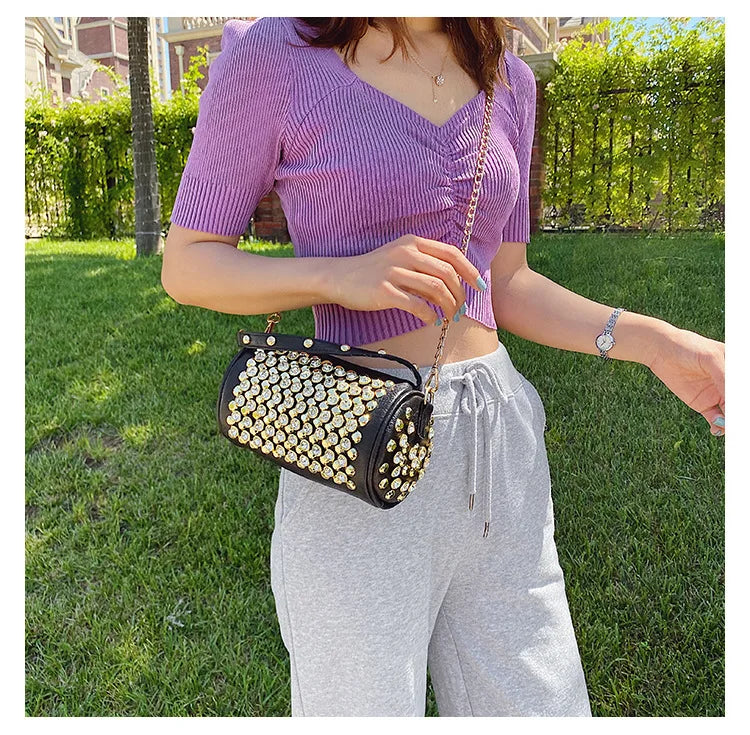 Elegant Cylindrical Shoulder Bag - Luxury Studded Design