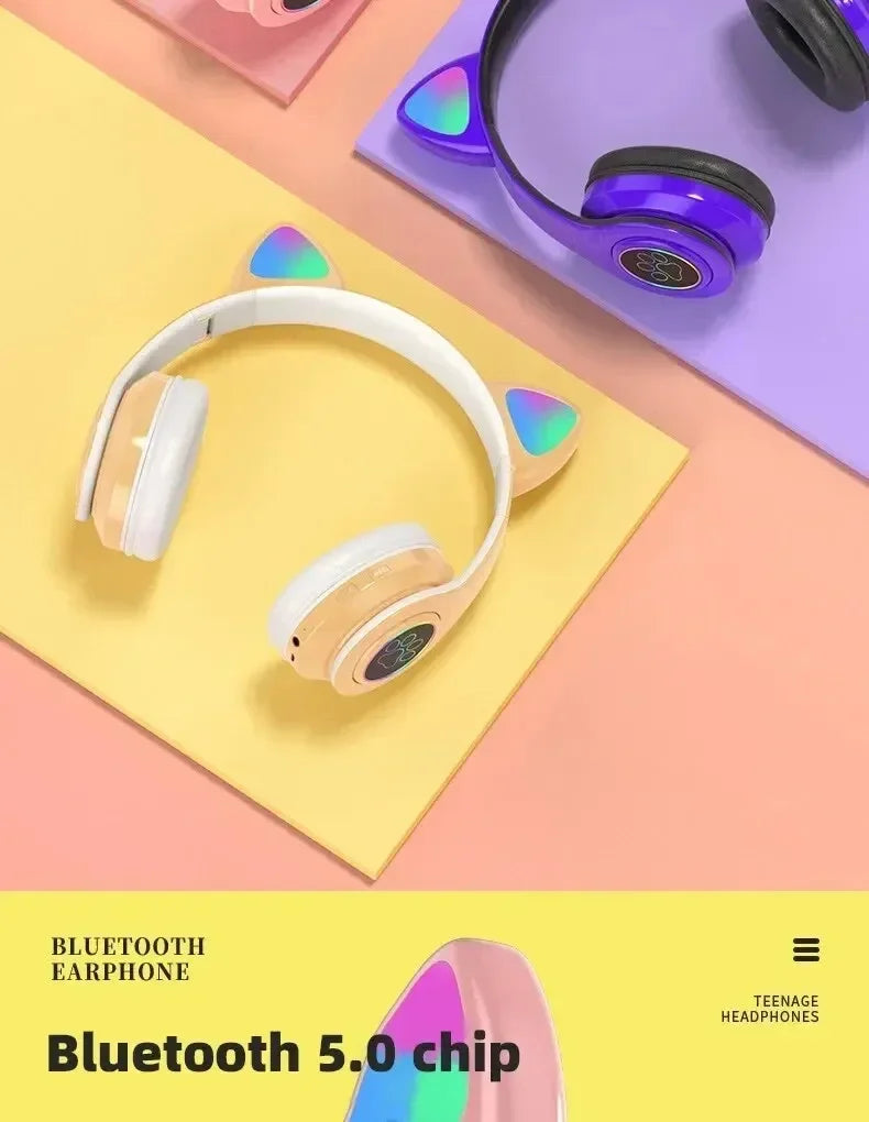 Premium Cat Ear Bluetooth Headphones - LED Stereo & Mic