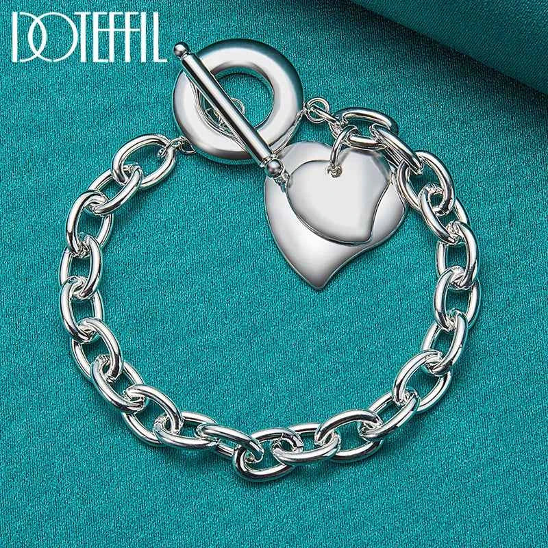 DOTEFFIL 925 Sterling Silver Double Heart Necklace Bracelet Set For Women Man Wedding Engagement Party Jewelry
