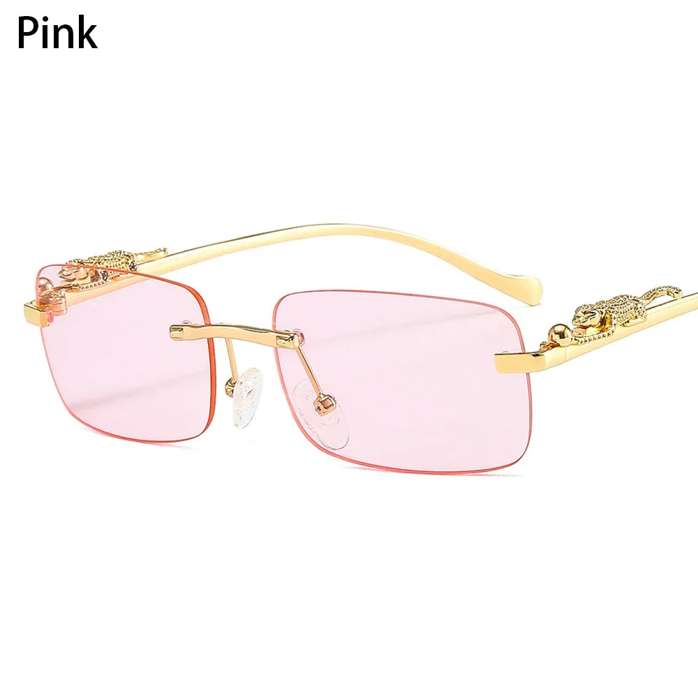 Luxury Rimless Square Sunglasses - Designer Metal Leopard Shade