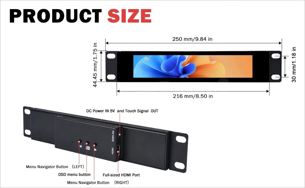 Premium 1U Rackmount Monitor - DeskPi 6.91-inch Touch Screen
