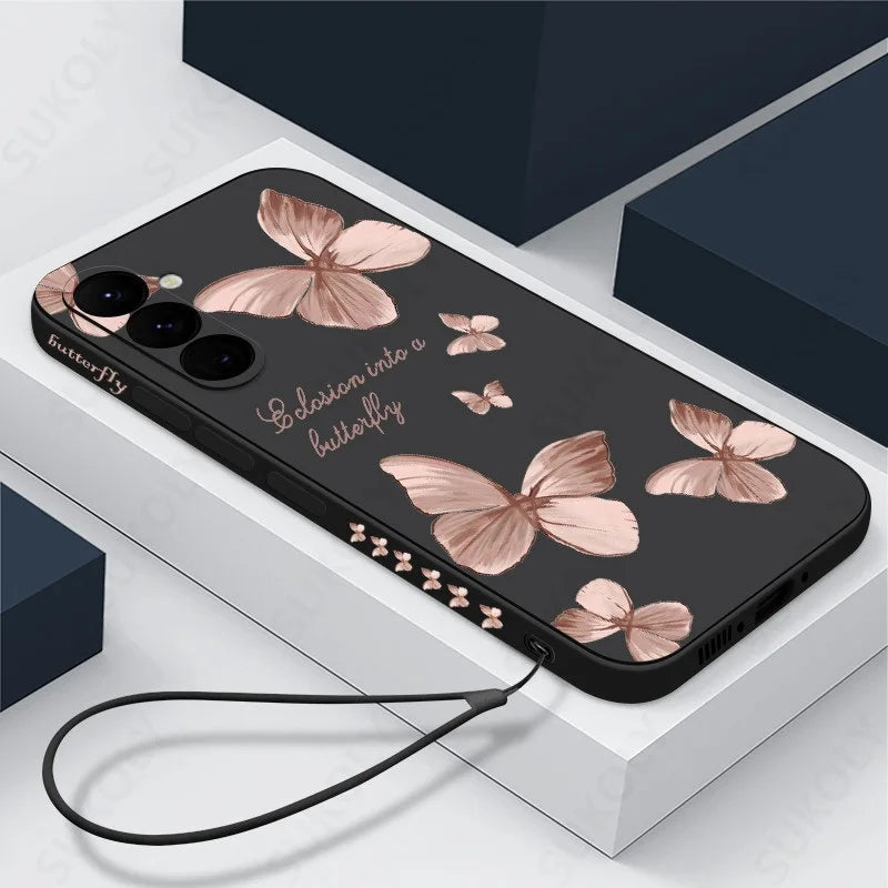 Elegant Butterfly Phone Case with Hand Lanyard - Soft Silicone
