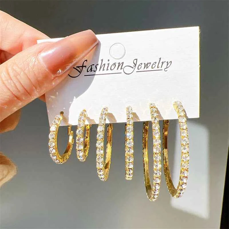 Luxury Rhinestone Hoop Earrings - Sparkling Gold Circle Design