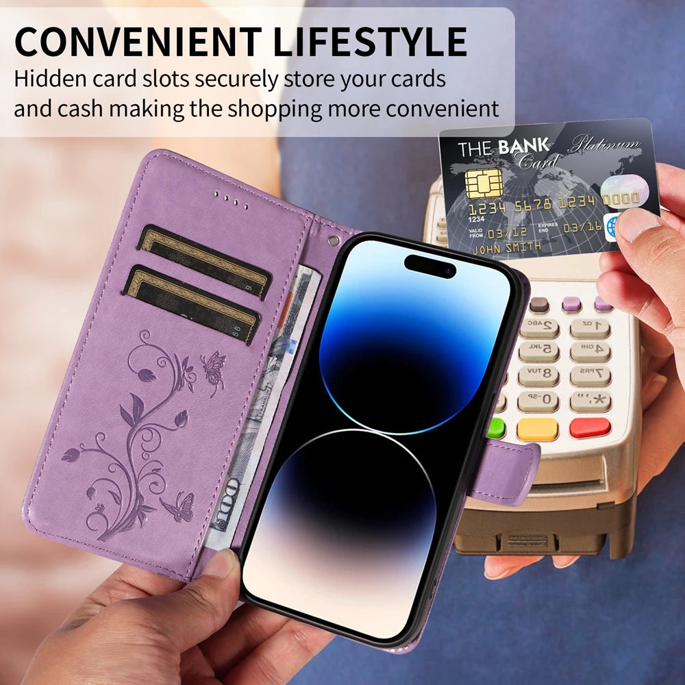 Premium Butterfly Flower Leather Case - Flip Wallet Book Cover