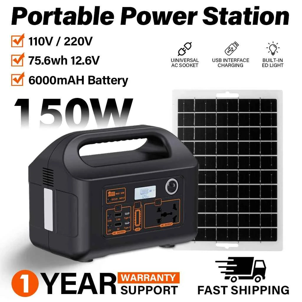 150W portable power station - compact solar generator with LED light for camping and emergency use