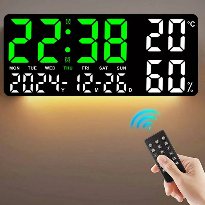 Large Digital Wall Clock - Black case with vibrant 7-color LED mood light display