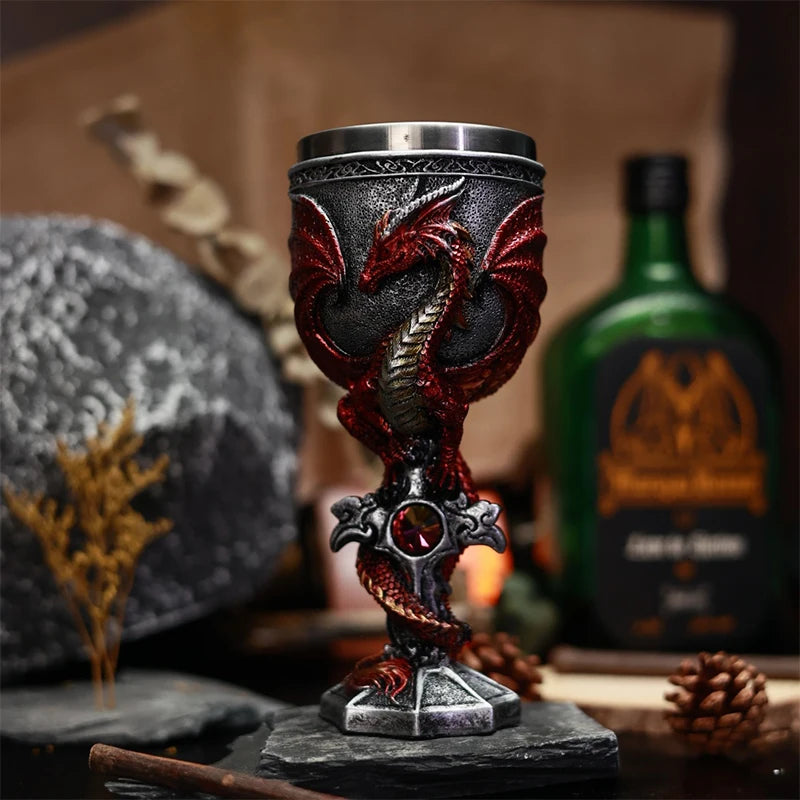 Dragon Goblet Chalice - medieval resin and stainless steel goblet in blue, red, or gray
