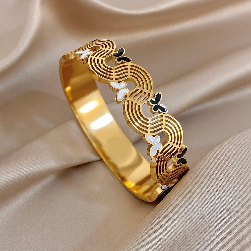 Butterfly cuff bracelet - elegant retro water ripple design in premium stainless steel