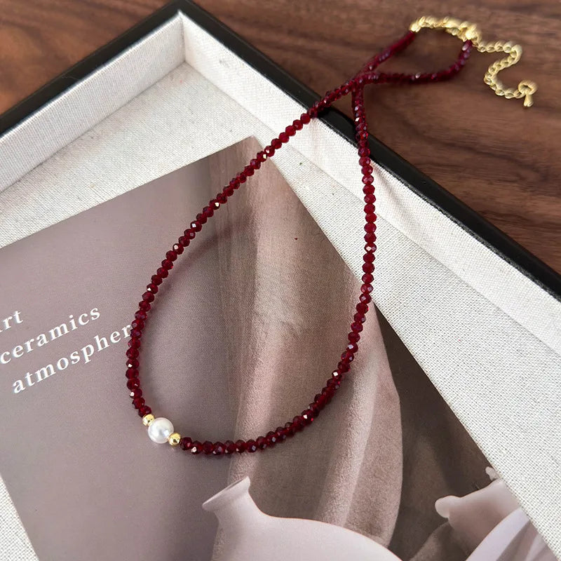 Elegant Red Pearl Glass Bead Necklace - Luxury Collarbone Chain