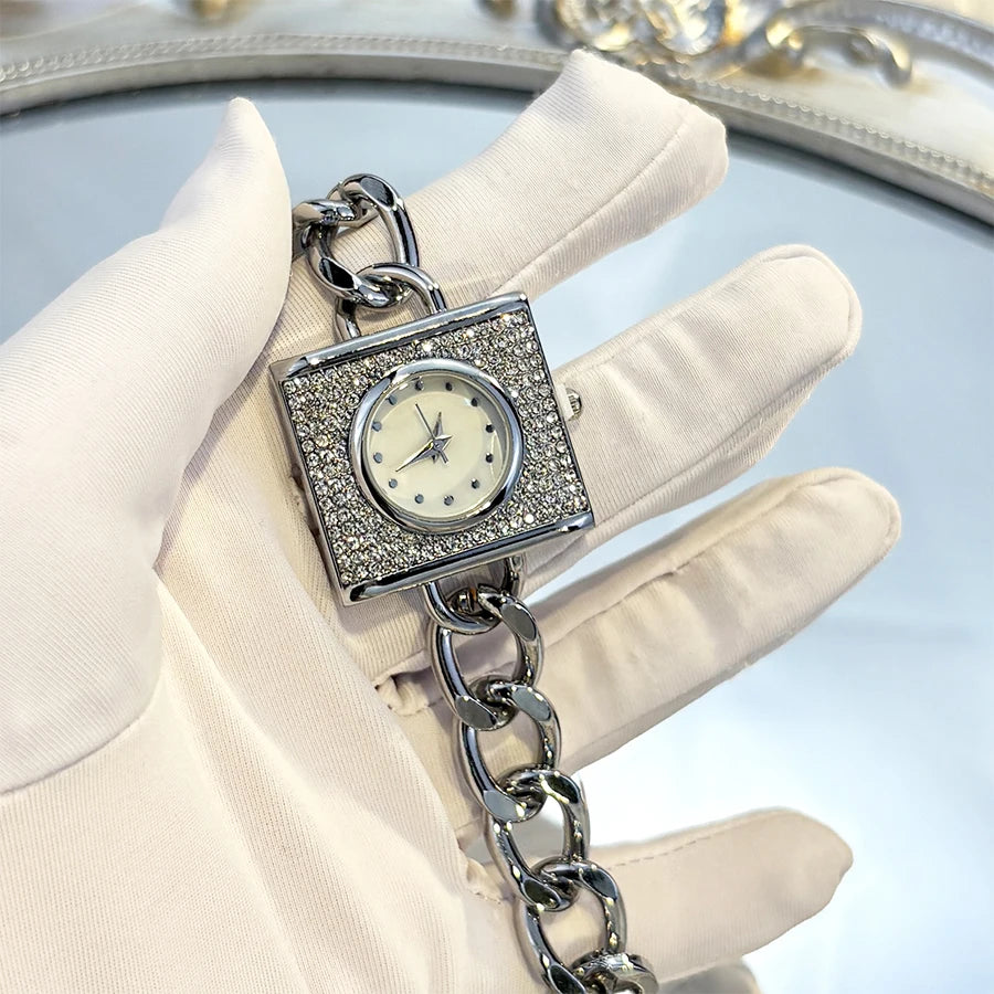 Elegant Diamond Chain Women's Watch - Luxury Square Head