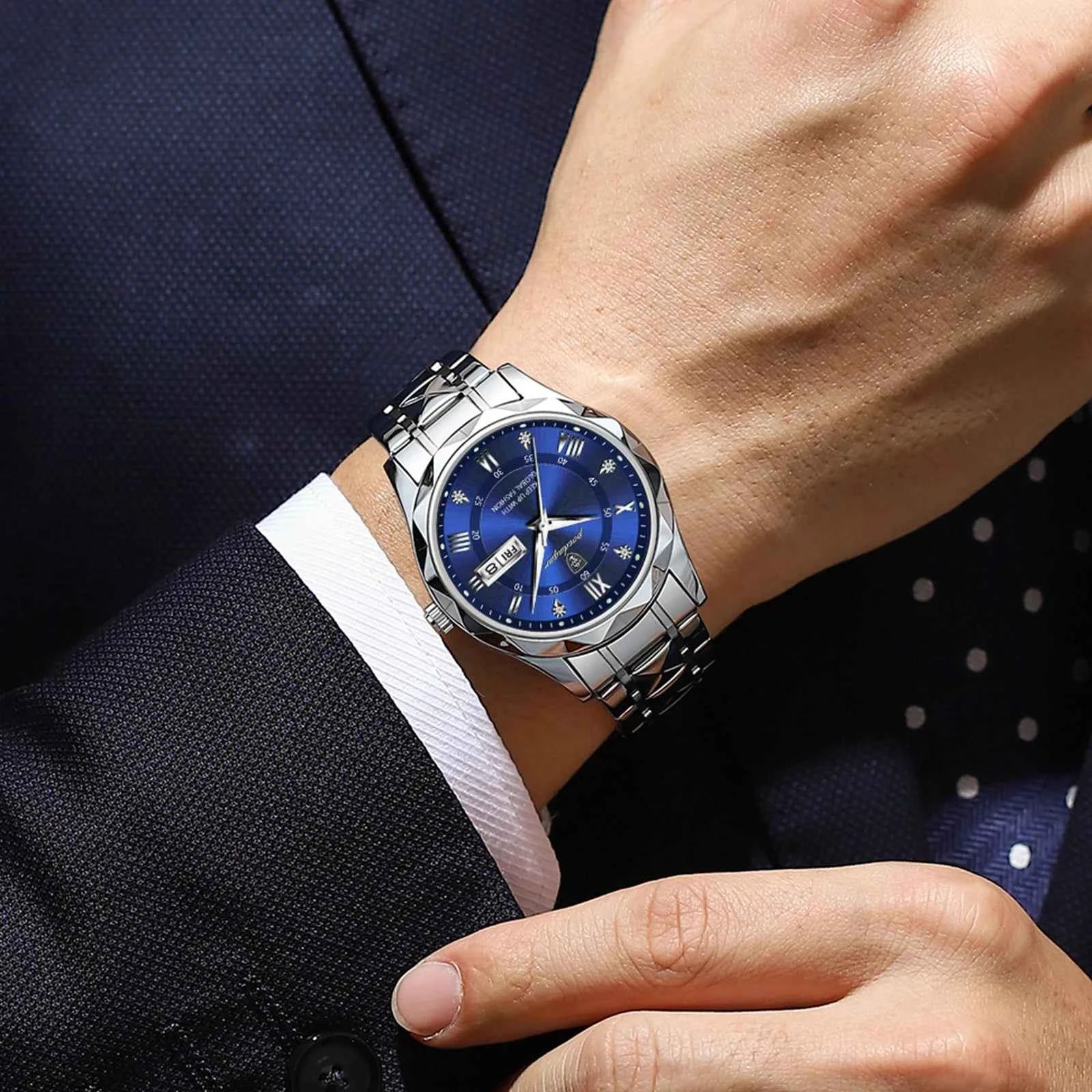 POEDAGAR Luxury Fashion Men's Quartz Watches Date Week Stainless Steel Watch For Man Waterproof Luminous High Quality Men Watch