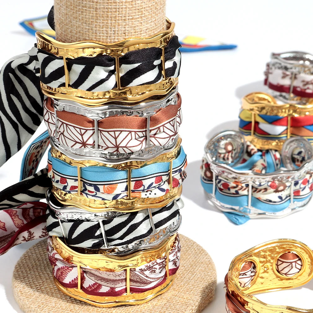 Elegant Silk Cuff Bracelet - Gold & Silver Retro Design