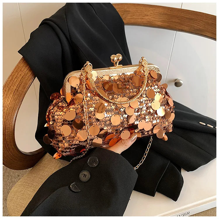 Elegant Sequins Evening Clutch Bag - Bling Chain Strap