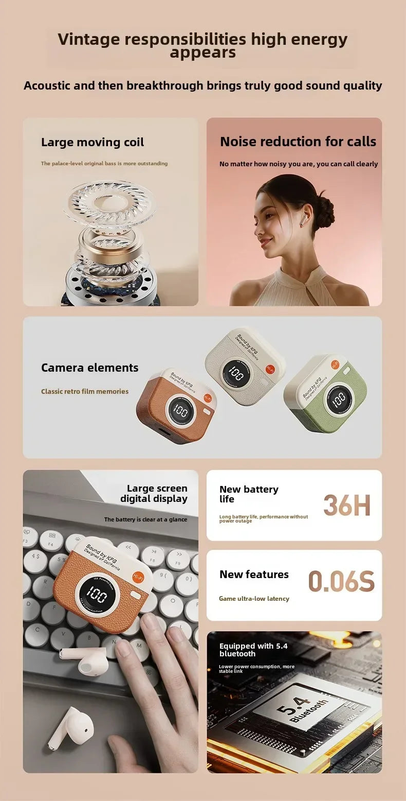 Retro Camera Wireless Sports Headphones - Sweatproof & Long Battery