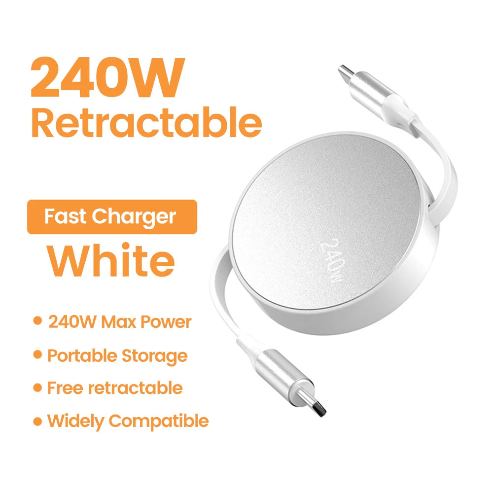 Retractable 240W USB C to USB C Fast Charging Cable - Premium PD Data Cord