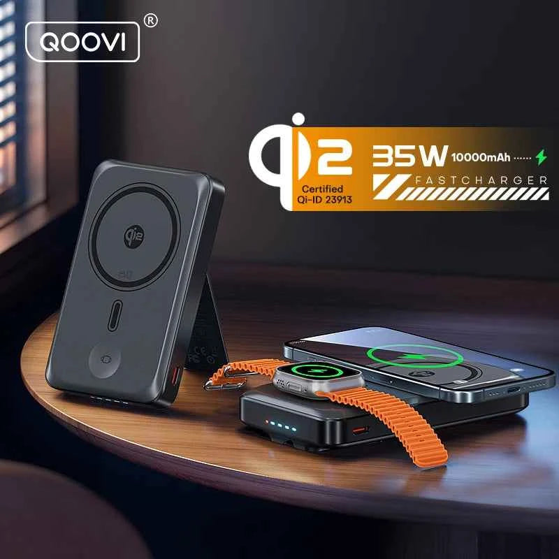 Qi2 magnetic power bank in grey - portable charger with wireless charging stand for iPhone and Apple Watch