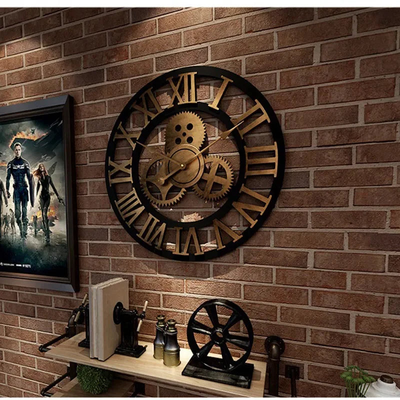 industrial wood wall clock - large European retro style with dark wood and metal accents