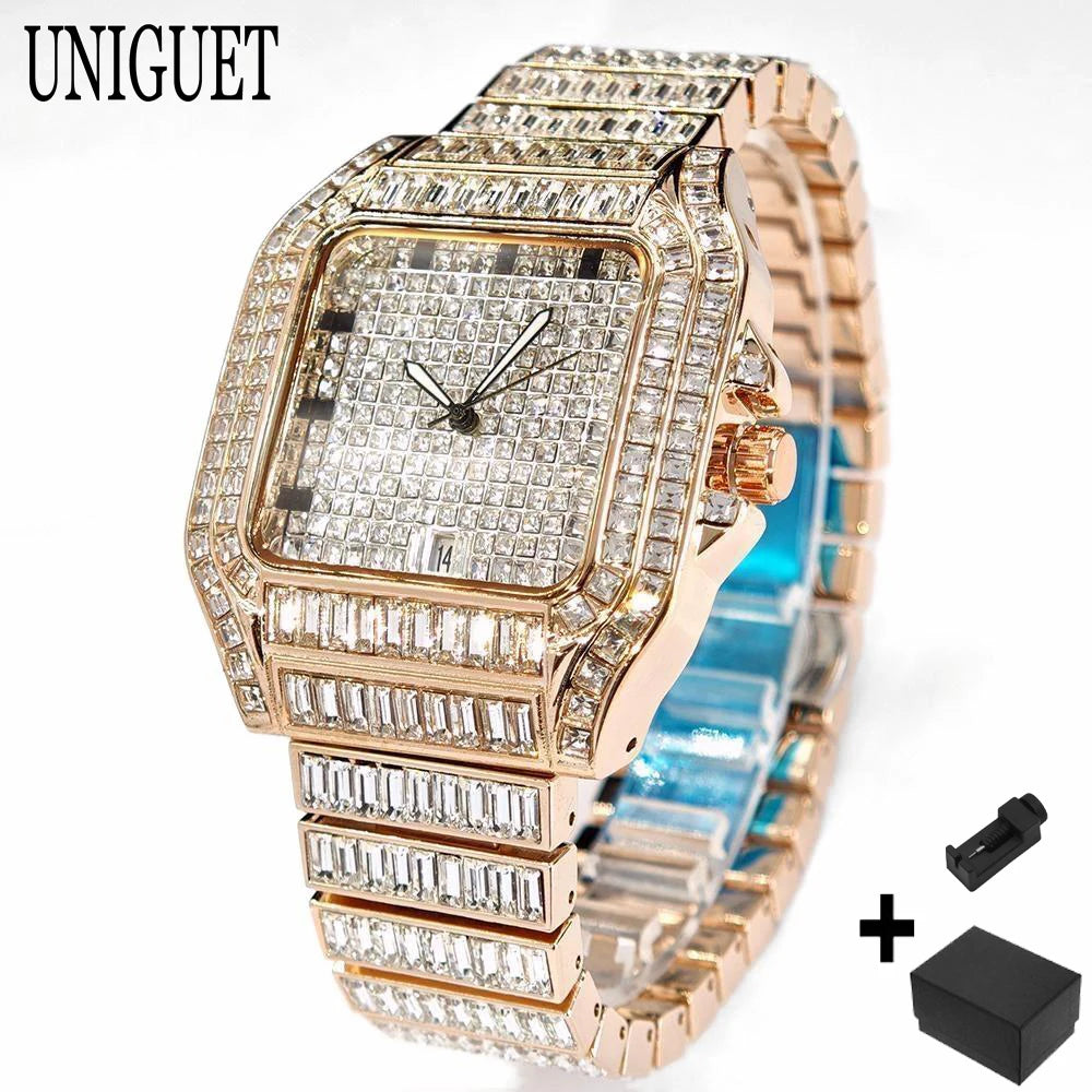 Luxury Gold Hip Hop Watch - Full Baguette Diamond Quartz Wristwatch