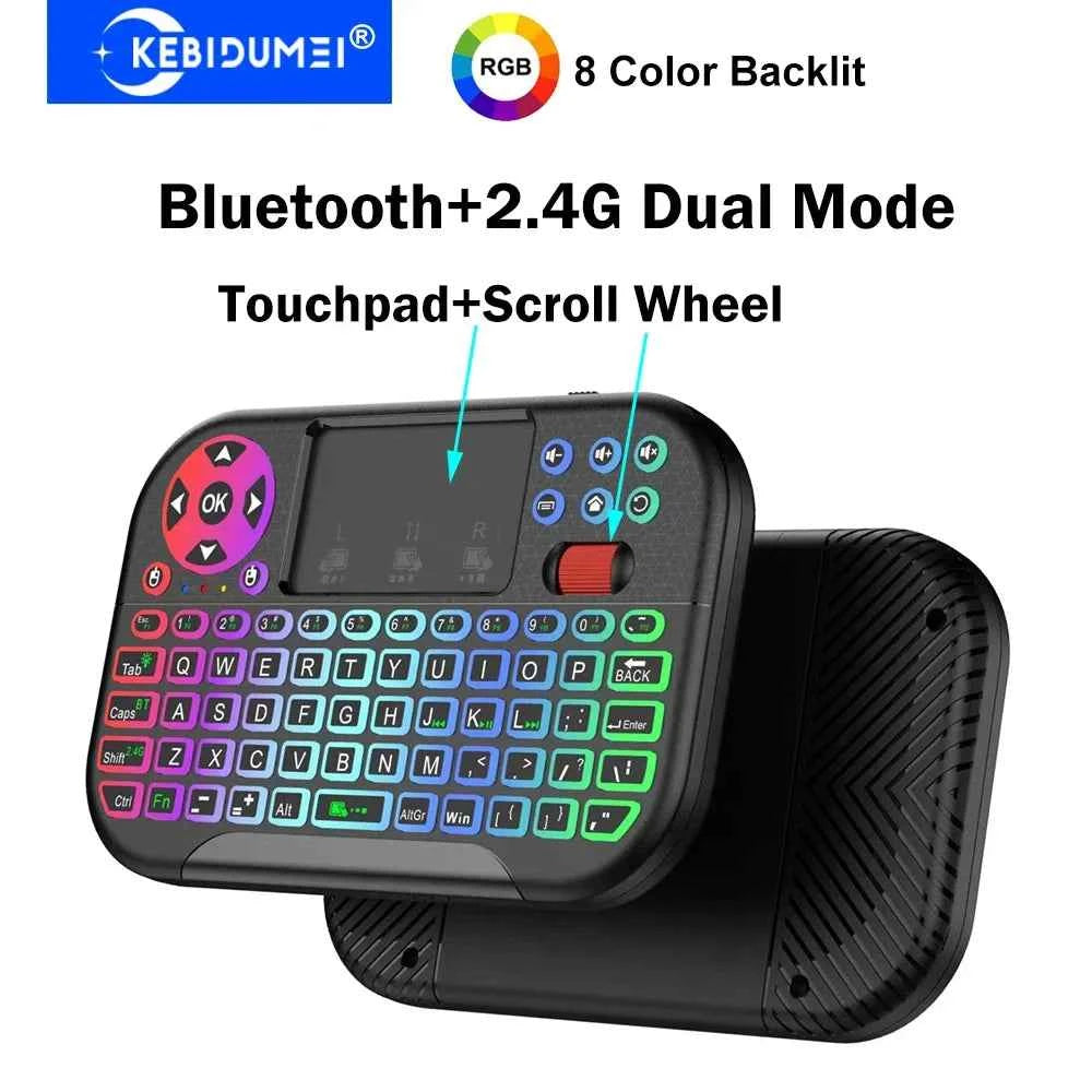 Mini wireless keyboard with touchpad and scroll wheel - 8-color RGB backlit design for PC and TV