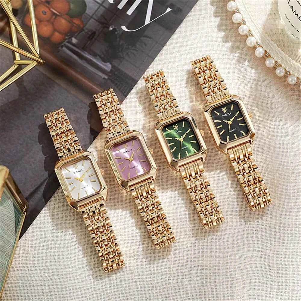 Elegant Ladies Quartz Gold Watch - Square Stainless Steel