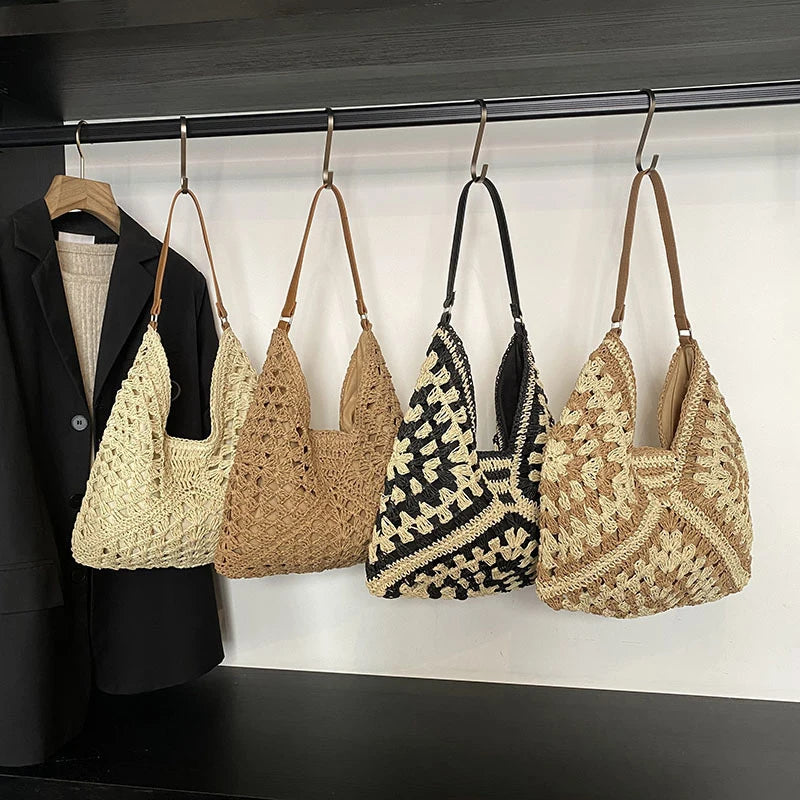Elegant Knitted Straw Handbag - Hand-Woven Seaside Tote