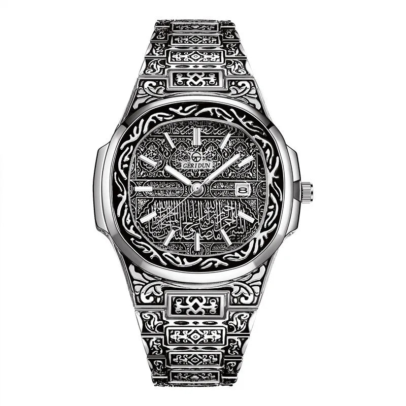 Elegant Men's Quartz Wristwatch - Embossed Stainless Steel