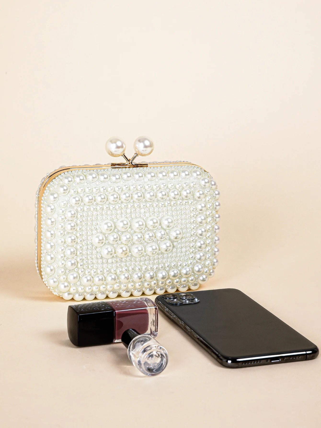 Elegant Pearl Bead Clutch - Glossy Kiss Lock Evening Bag