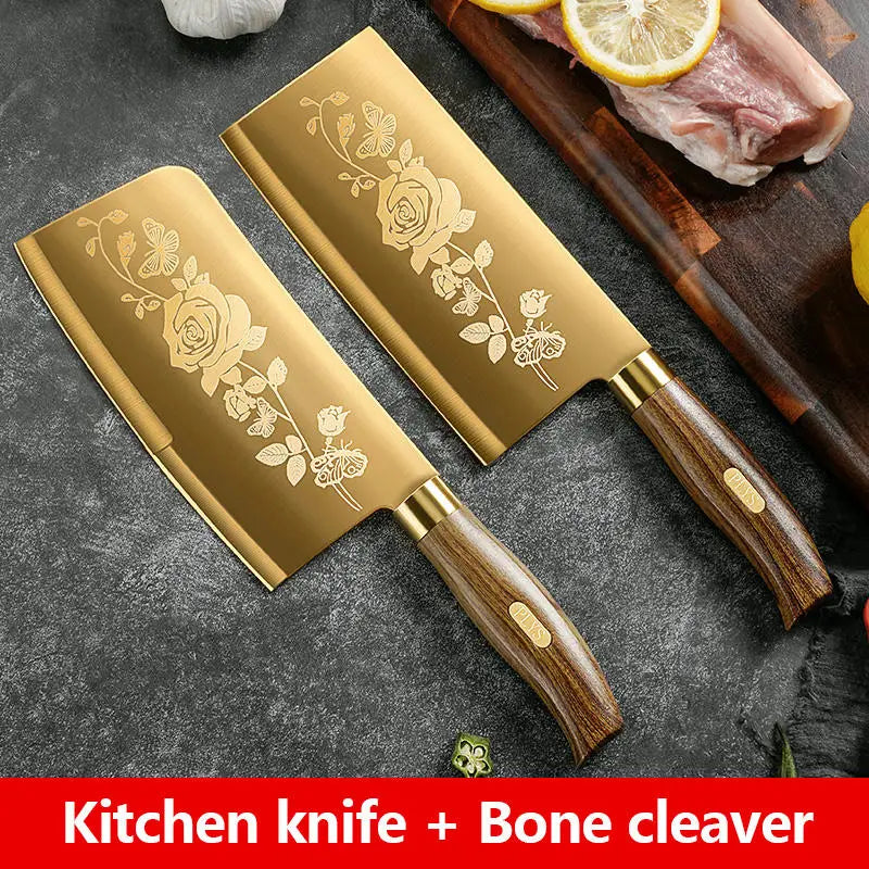 Luxury 4-Piece Chef Knife Set - Golden Rose Pattern Stainless Steel