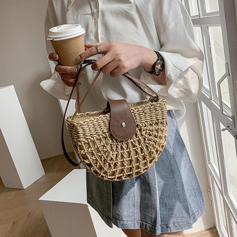 Elegant Straw Semicircle Bag - Chic Summer Crossbody
