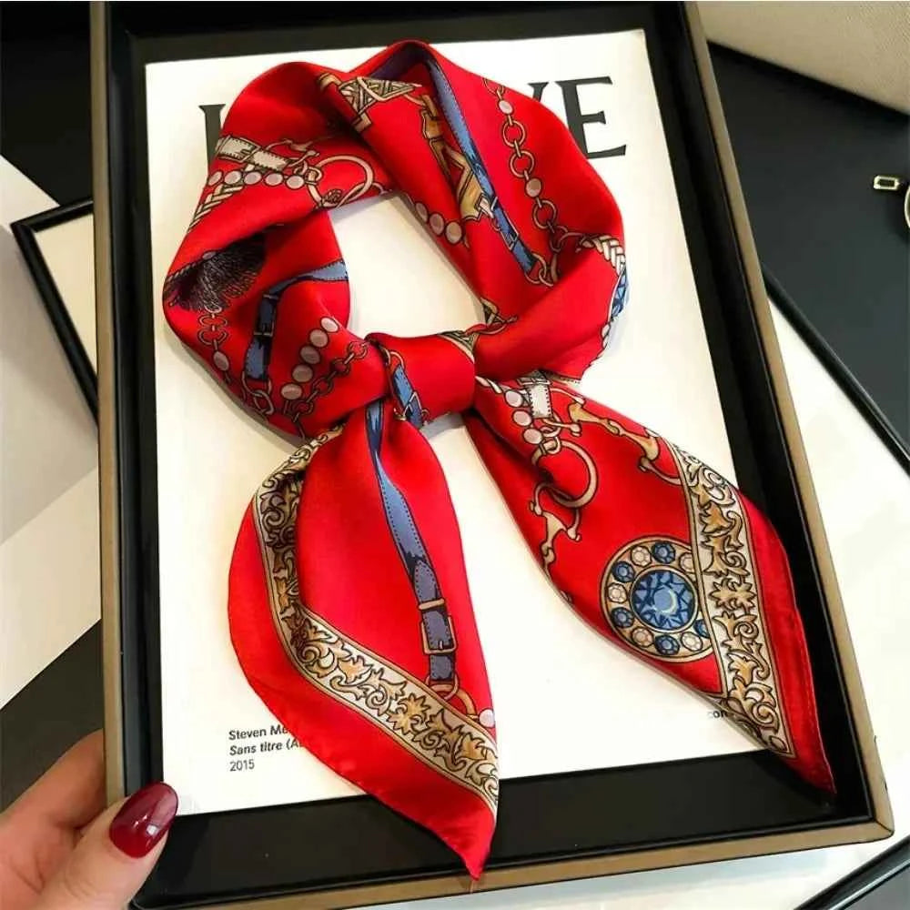Luxury Red Chain Print Small Square Scarf - Simulated Silk