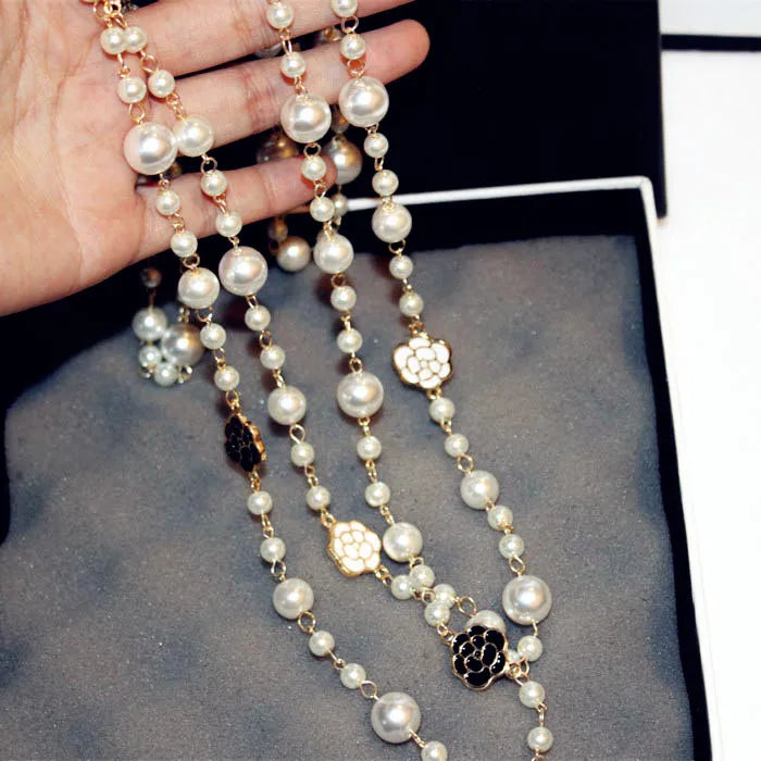 Elegant Long Pearl Necklace - Multilayer Camellia Flower Design