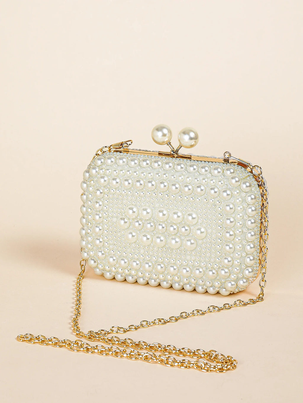 Elegant Pearl Bead Clutch - Glossy Kiss Lock Evening Bag