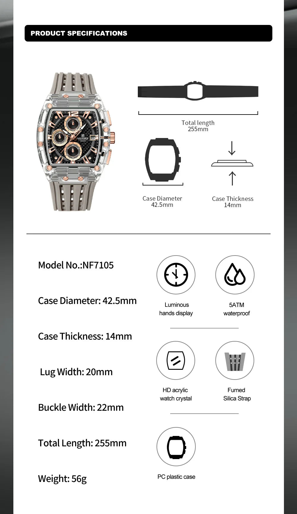 New NAVIFORCE Men's Quartz Multifunction Watches Fashion Sports Chronograph 5ATM Waterproof Silicone Band Casual Man Wrist Watch - Tulique