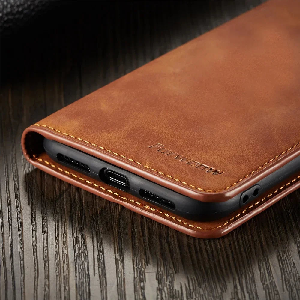 Premium Suede Leather iPhone Wallet Case - Magnetic Flip Cover
