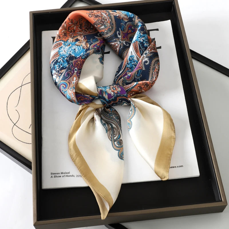 Luxury Silk Square Scarf - Elegant Satin Print Neck Wrap